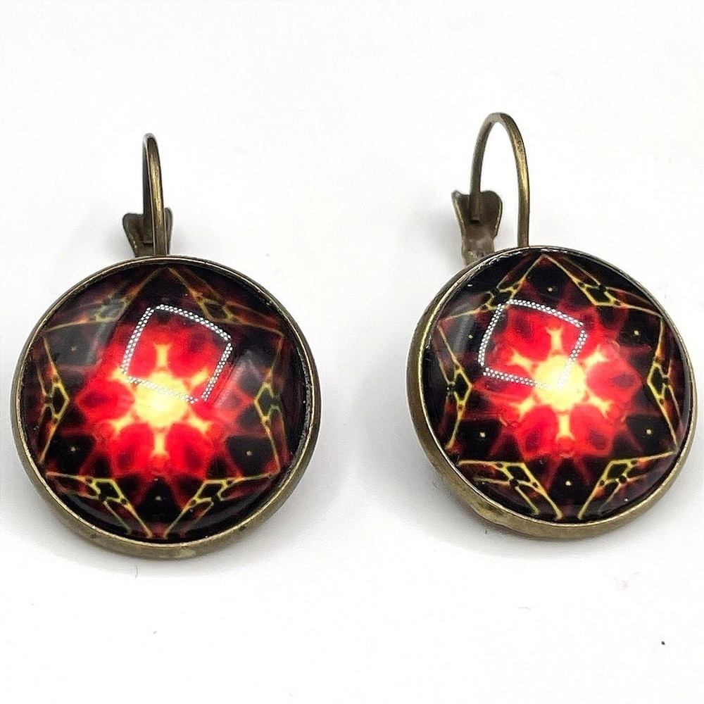 Vintage Kaleidoscope Glass Dome Earrings Red Yellow Mandala Boho Art Statement